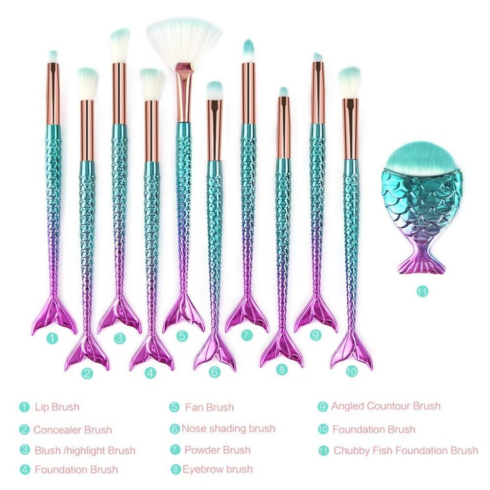 11pcs Premium Synthetic Mermaid Make Up Brushes